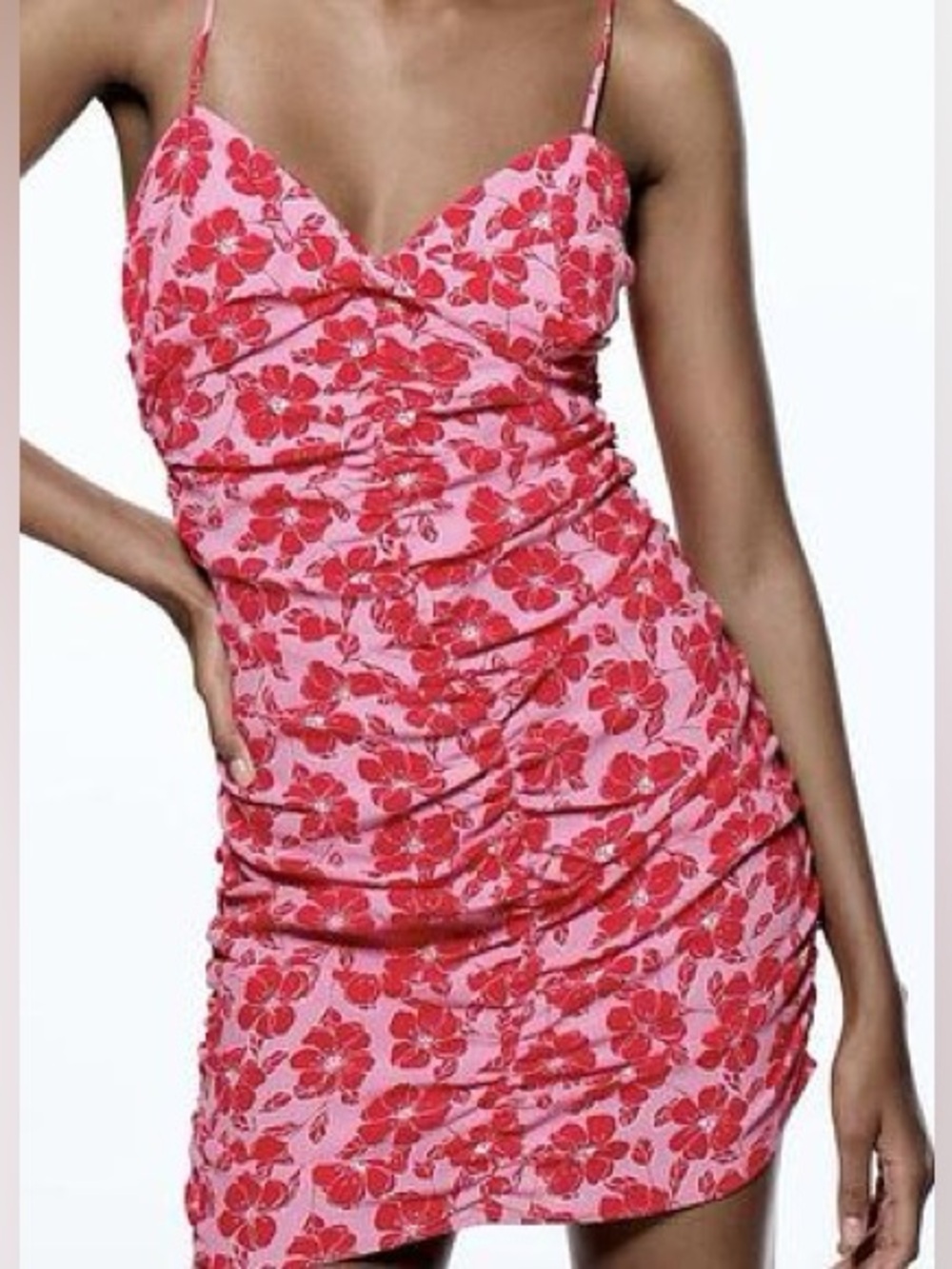 ZARA Pink Red Floral Ruched Bodycon Mini Dress Strappy Summer Size S